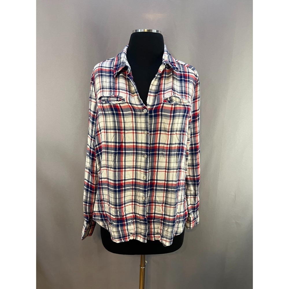 Supply & Demand Womens M Red Blue Plaid Button Front Top, indie sleaze, american